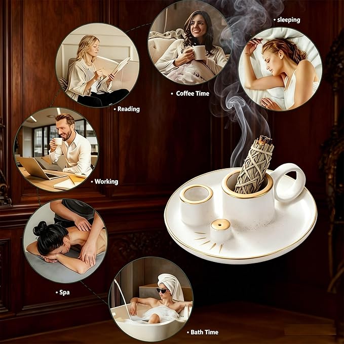 Multifunction Incense and Candle Holder for Burning Sage, Palo Santo, Incense Sticks - 5.9" Ceramic Ash Catcher Tray for Meditation Room Home Decor (A)