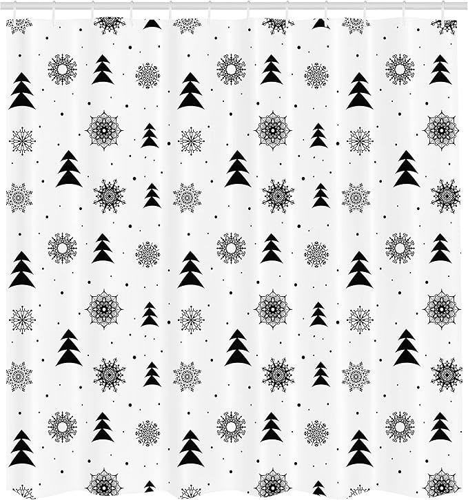 Ambesonne Nordic Shower Curtain, Christmas Pine Trees Snowflakes Noel Winter North Holiday Celebration Graphic Art, Cloth Fabric Bathroom Decor Set with Hooks, 69" W x 70" L, Black White