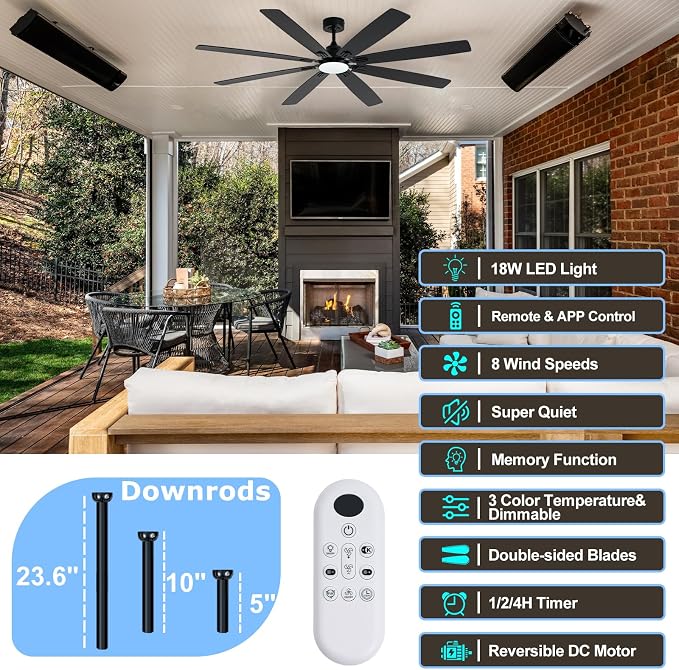 Coolwind 62in Large Outdoor Ceiling Fan, Display Remote&APP Control, Black 8 Blade Quiet Ceiling Fan, 8 Speeds, Dimmable, Timer, DC Reversible Motor, Double Sided Blade for Patio, Bedroom