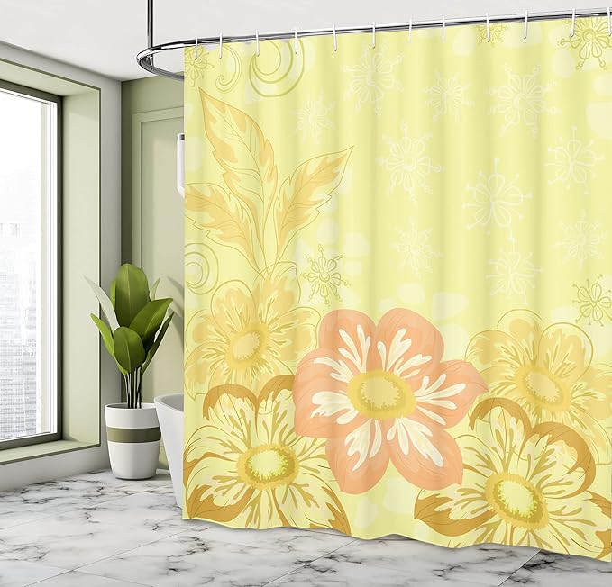 Ambesonne Yellow Shower Curtain, Mexican Dahlia Flower and Silhouette of Curving Leave on Ornate Background, Cloth Fabric Bathroom Decor Set with Hooks, 69" W x 70" L, Yellow Pink