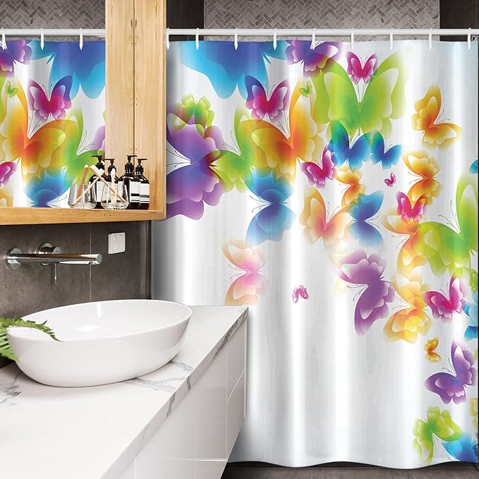 Ambesonne Butterfly Stall Shower Curtain, Group of Butterflies Band in Radiant Rainbow Colors Hope Summer Garden Art Print, Fabric Bathroom Decor Set with Hooks, 54" W x 78" L, Green Yellow