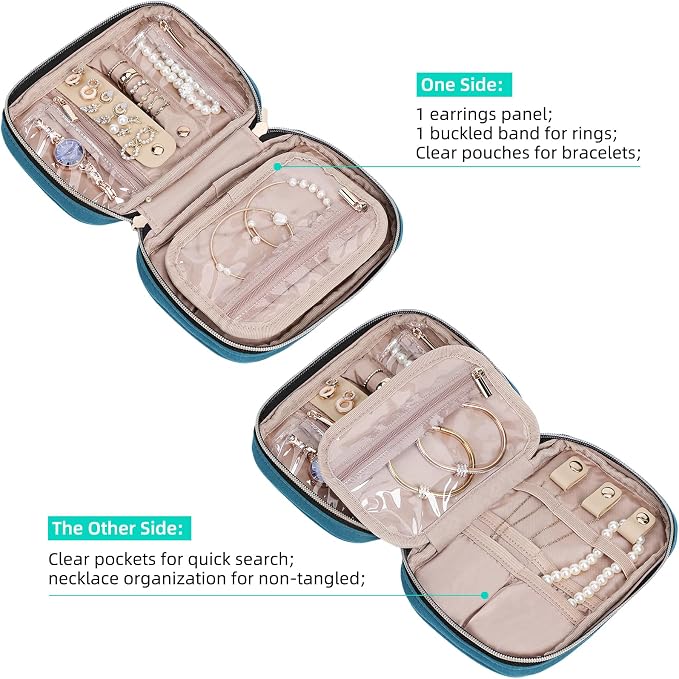 NISHEL Travel Jewelry Case Organizer, Tangle-Free Necklace Storage Bag | Stores rings, earrings, bracelets and watches in a compact case for travel and daily use, Lake-Blue, Small