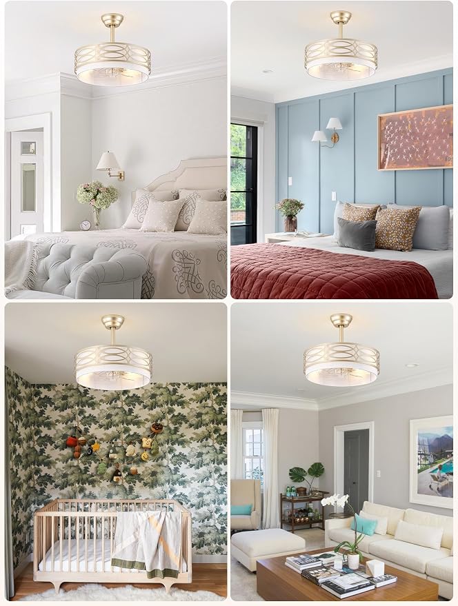 20" Gold Boho Ceiling Fan with Light, Caged Fandelier Ceiling Fans with Lights Remote Control with 6 Speeds for Bedroom, Living Room, Nursery