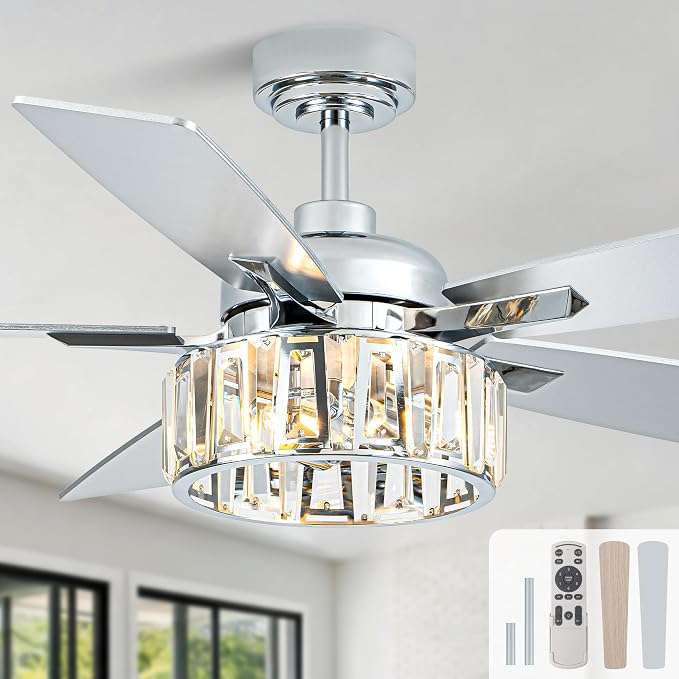 Dawn Whisper 52" Crystal Chandelier Ceiling Fans with Lights and Remote | Modern Design Quiet Reversible DC Motor 6 Speeds Timer for Living Room Bedroom