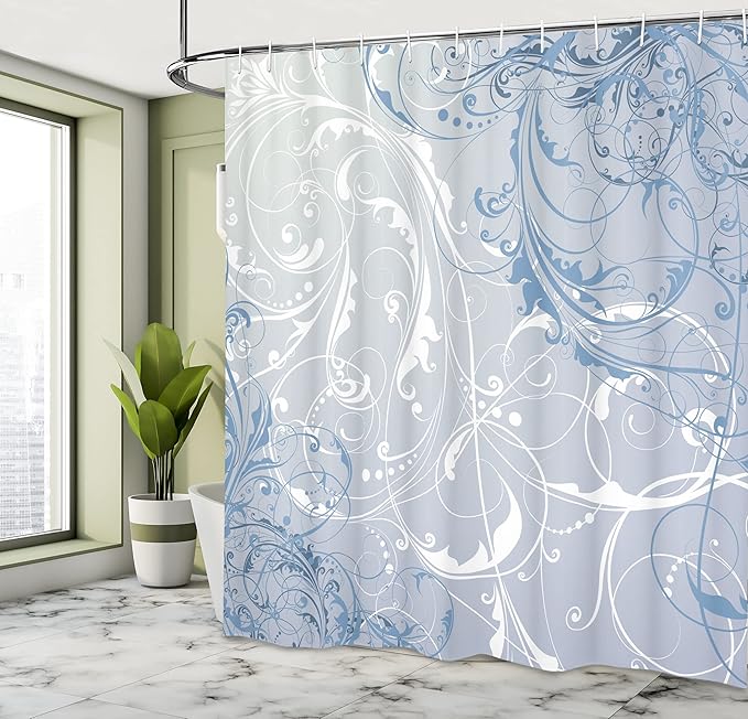 Ambesonne Floral Shower Curtain, Baroque Swirl Branches Curved Flower Leaves Shabby Form Nature Pattern, Cloth Fabric Bathroom Decor Set with Hooks, 69" W x 84" L, Petrol Blue