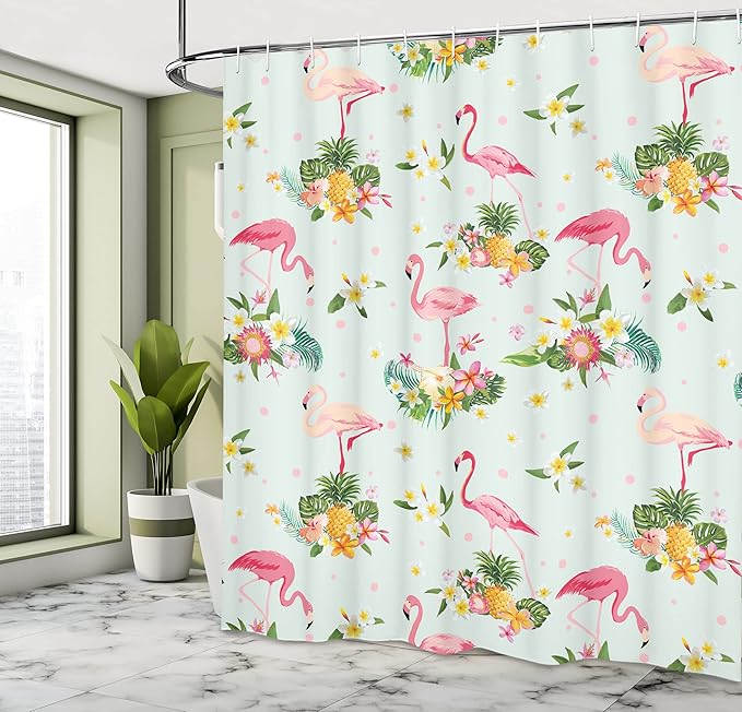 Ambesonne Flamingo Shower Curtain, Flamingo Bird Tropical Flowers Fruits Pineapples Vintage Style Artwork, Cloth Fabric Bathroom Decor Set with Hooks, 69" W x 84" L, Yellow Pink