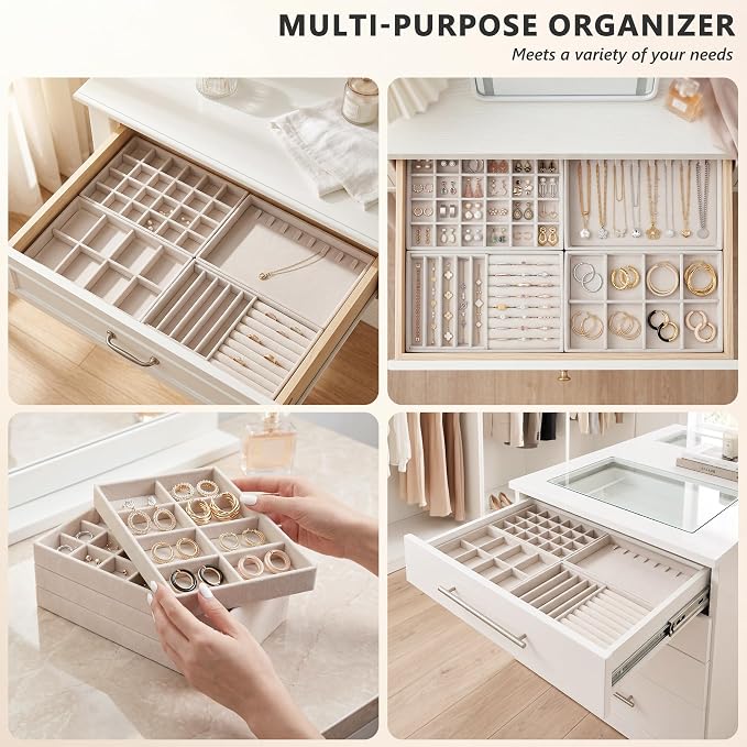 Jewelry Organizer for Drawer, Velvet Jewelry Drawer Organizer Inserts, 4-Layer Beige Stackable Jewelry Trays for Rings Earrings Necklaces Bracelets with Removable Dividers for Dresser Vanity