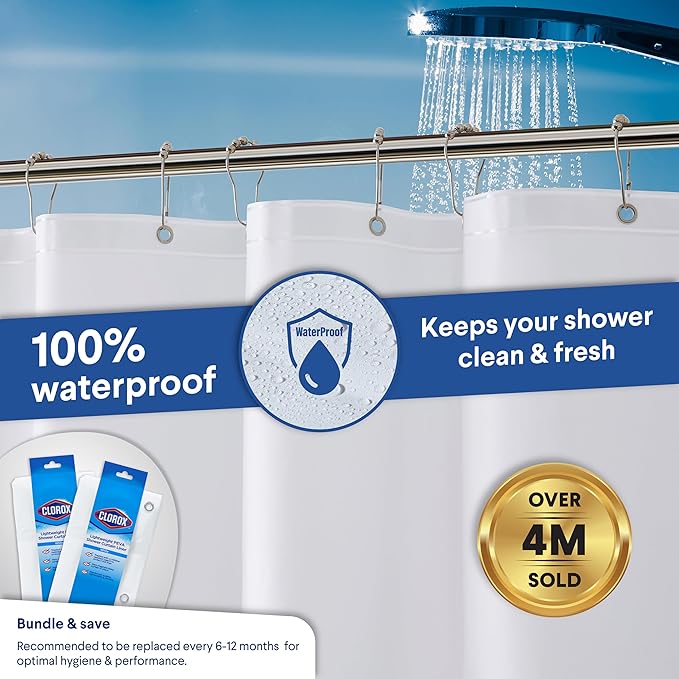 Clorox Shower Curtain Liner, Premium Lightweight Flexible Waterproof 3g PEVA for Bathroom with Weighted Magnets, Standard Size 70" x 72", White 2 Pack