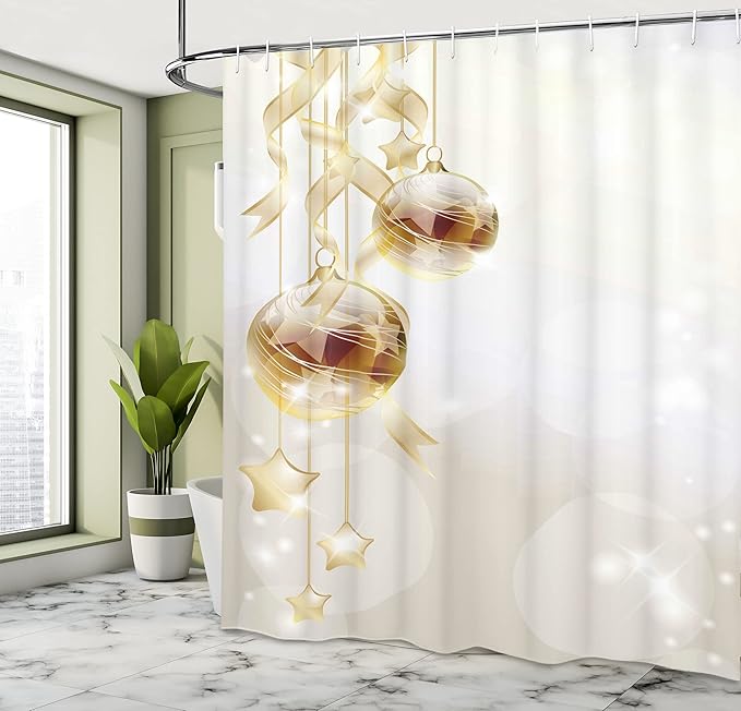 Ambesonne Christmas Shower Curtain, Xmas Balls with Swirled Ribbons and Stars on Modern Abstract Background, Cloth Fabric Bathroom Decor Set with Hooks, 69" W x 70" L, White Yellow