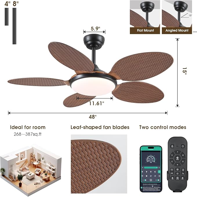 48"Tropical Style Palm Leaf Ceiling Fans with LED Lights and Remote & APP | Supports Remote and APP, 6 Wind Speeds, Reversible, Dimmable 3CCT LED, 35W Quiet DC Motor,Suits for Bedroom Kitchen