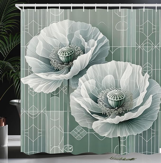 Ambesonne Green Shower Curtain, Futuristic Design of Poppy Flowers with Dreamy Petals and Scandi Lines, Cloth Fabric Bathroom Decor Set with Hooks, 69" W x 84" L, Blue Grey Dark Cadet Blue