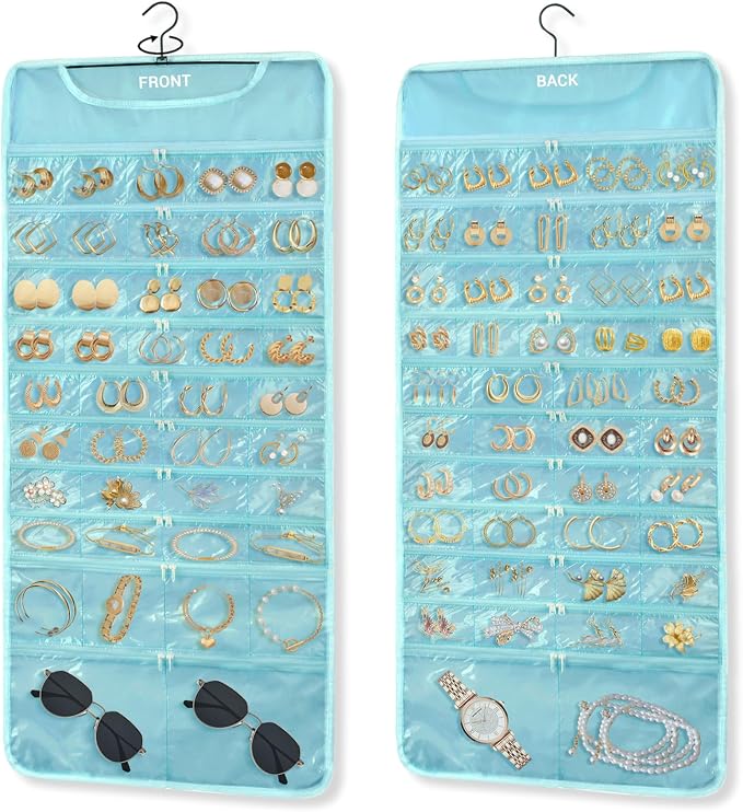 Hanging Jewelry Organizer Storage with 88 Zippered Pockets, Dustproof Foldable for Travel, Double-Sided Accessories Organizer Holder for Earrings Necklaces Rings on Closet Wall Door (Blue)