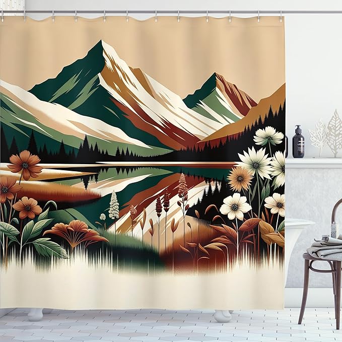 Ambesonne Lake Shower Curtain, Peaceful Art of Meadow Scene with Darkened Woodland and Snowy Mountains, Cloth Fabric Bathroom Decor Set with Hooks, 69" W x 70" L, Hunter Green Pale Redwood