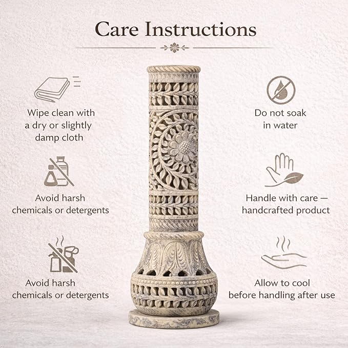 Carry Me Marble Soapstone Incense Stick Holder | Candle Burner | Tea Light Stand - Perfect Handmade Bottle Tower. Decorative Floral Carving for Gifting - Home and Office Decor - (3x3x10.5 Inches)