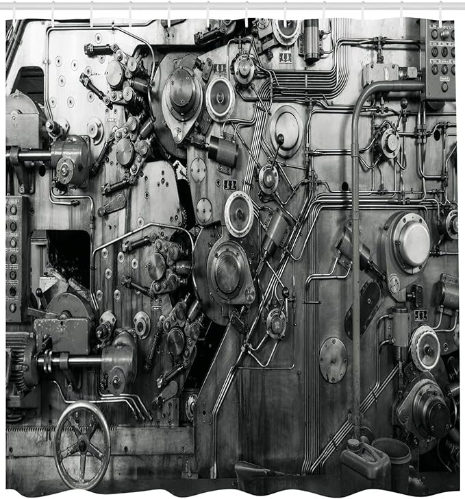 Ambesonne Industrial Shower Curtain, Modern Times Detail of Rusted Machine in Factory Physical Equipment Process, Cloth Fabric Bathroom Decor Set with Hooks, 69" W x 70" L, White Black