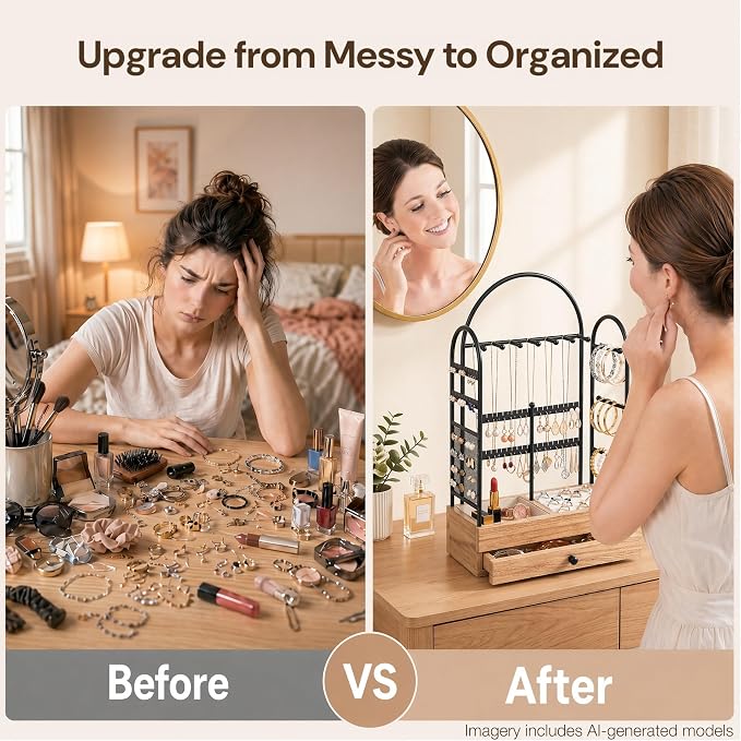 Jewelry Holder, Jewelry Storage Organizer Stand with Velvet Tray & Drawer, Earring Holder & Necklace Display, Multi-section Storage for Necklace, Earrings, Rings, Bracelets, Watches, Gift Idea