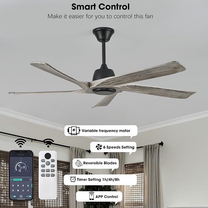 60 Inch Solid Wood Ceiling Fan No Lights, Remote and APP Control, DC Motor, 6-speed Reversible, for Bedroom, Living Room, Office, Outdoor Ceiling Fans, Greywood