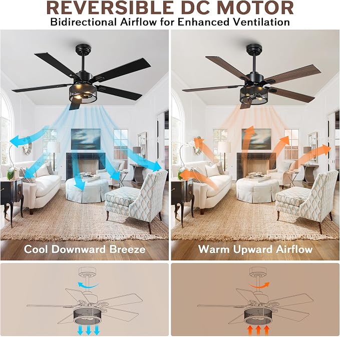 Ceiling Fans with Lights and Remote Control, 52 Inch Farmhouse Ceiling Fan for Living Room, 5 Dual Finish Blades, 6-Speed Adjustable and Reversible DC Motor with Timer & APP Control for Indoor/Outdoor