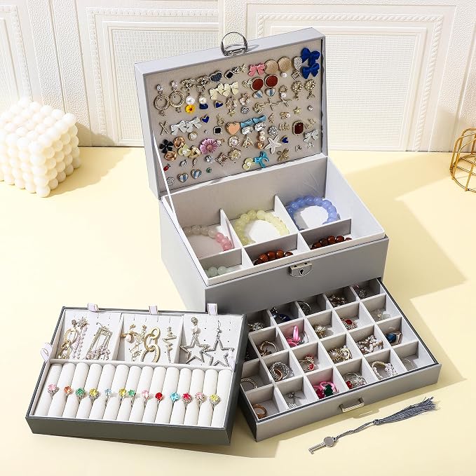 BOOVO Large Jewelry Boxes For Women (grey) | 5 Layers Jewelry Organizer Box With Cosmetic Storage Drawer, Necklace Ring Jewelry Organizer Box