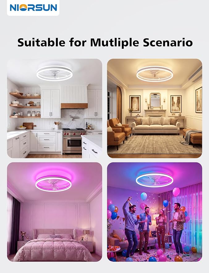 NIORSUN RGB Ceiling Fans with Lights and Remote, Modern Smart LED Ceiling Fans Light, 6 Speeds & 3000K-6500K Dimmable, Quiet Bladeless Fandelier Ceiling Fan with Light for Bedroom(20Inch,White)