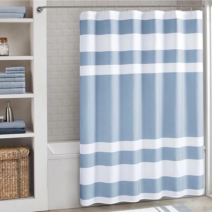 Madison Park Shower Curtain Waffle Weave Striped Pieced Design Fabric Shower Curtain Extra Long Premium Spa Quality Modern Shower Curtains for Bathroom Tall 72"x84" Blue