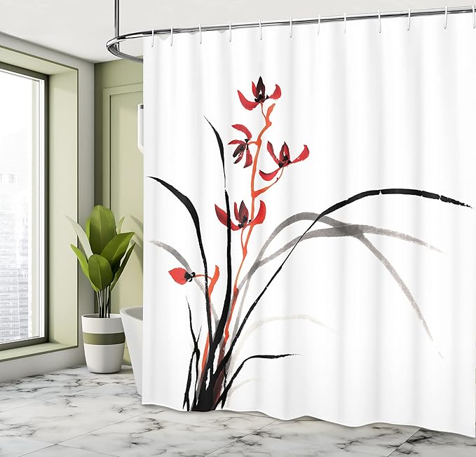 Ambesonne Japanese Shower Curtain, Classic Cultural Chinese Ink Paint of Native Wild Orchids Reflexive Birches, Cloth Fabric Bathroom Decor Set with Hooks, 69" W x 84" L, Orange Black