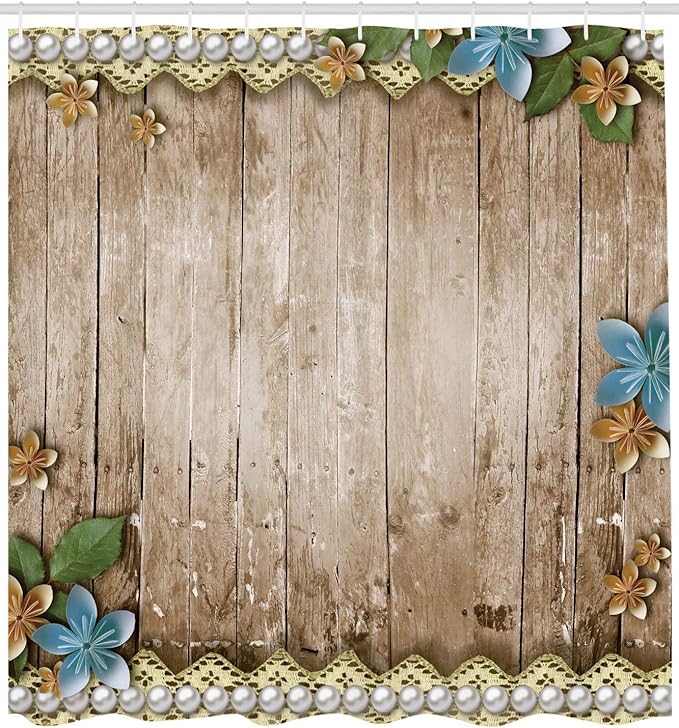 Ambesonne Pearls Shower Curtain, Rustic Wooden Planks Backdrop Flowers Pearls Lace Old Vintage Style Image Print, Cloth Fabric Bathroom Decor Set with Hooks, 69" W x 70" L, Beige Blue