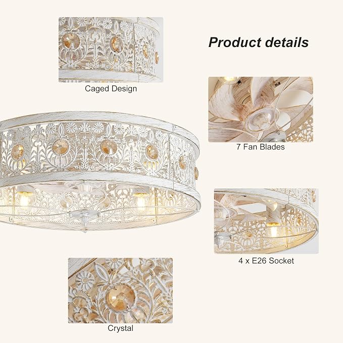 Garwarm 20" Ceiling Fans with Lights,Flush Mount Vintage Farmhouse Rustic Crystal Fandelier,Low Profile Farmhouse Caged Ceiling Fan with Light and Remote for Bedroom,Kitchen,Indoor