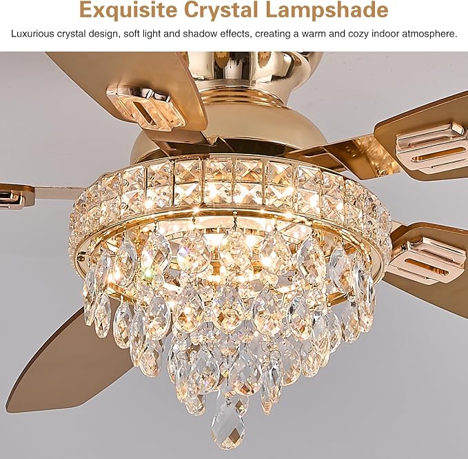 Crystal Ceiling Fan Fandelier with Lights-Ceiling Fans with Lights,54" Low Profile and Remote Control, Flush Mount, Reversible, Dimmable, Noiseless,Gold Ceiling Fan for Bedroom