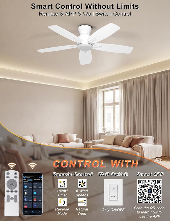 Ohniyou 42 Inch Ceiling Fan No Light, Low Profile Ceiling Fan with Remote and App Control, Flush Mount Ceiling Fan without Light for Bedroom Kitchen Covered Patios, Quiet DC Motor, White