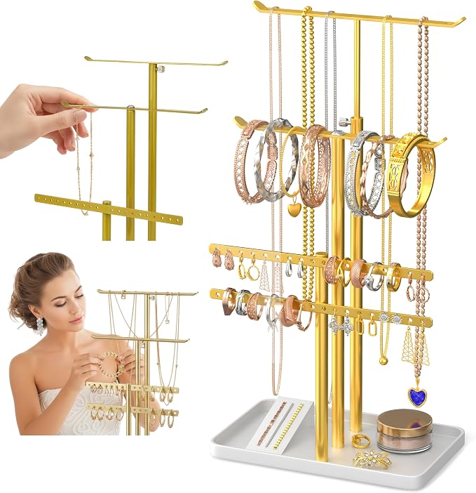 Jewelry Tower Stand Organizer for Women - Elegant Jewelry Holder Display with Necklace Holder, Earring Organizer & Bracelet Rack - Tabletop Jewelry Stand for Dresser, Vanity, Desk