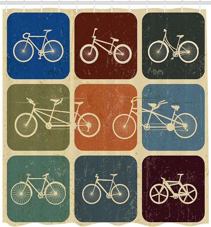 Ambesonne Vintage Shower Curtain, Retro Image Collage of Bicycle Bikes in a Row with Abstract Pattern Colored Art, Cloth Fabric Bathroom Decor Set with Hooks, 69" W x 70" L, Soft Beige