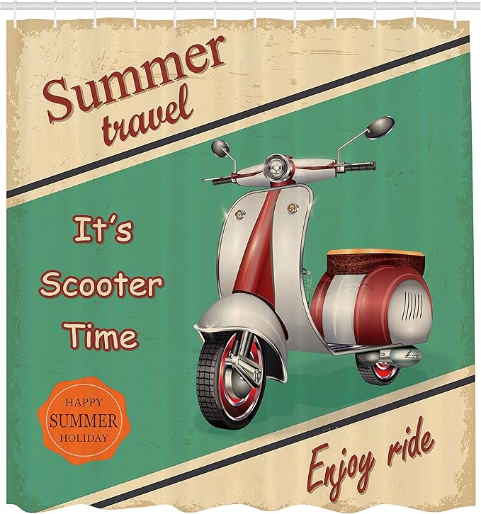 Ambesonne Vintage Shower Curtain, Scooter Motorbike Summer Travel Italian City Sight Hipster Enjoy Ride Illustration, Cloth Fabric Bathroom Decor Set with Hooks, 69" W x 84" L, Eggshell Teal Apricot