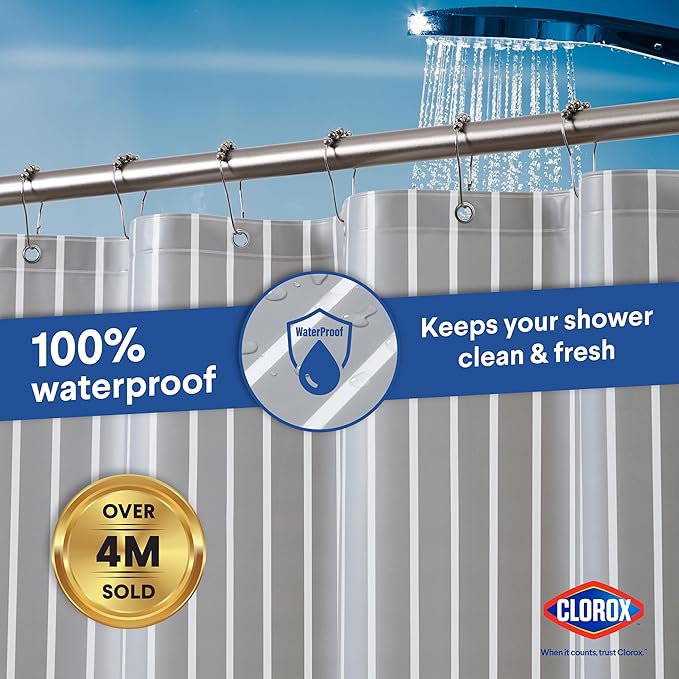 Clorox Shower Curtain Liner, Premium Striped Medium-Weight Durable Waterproof 6g PEVA for Bathroom with Weighted Magnets, Printed Standard Size 72" x 72", Grey