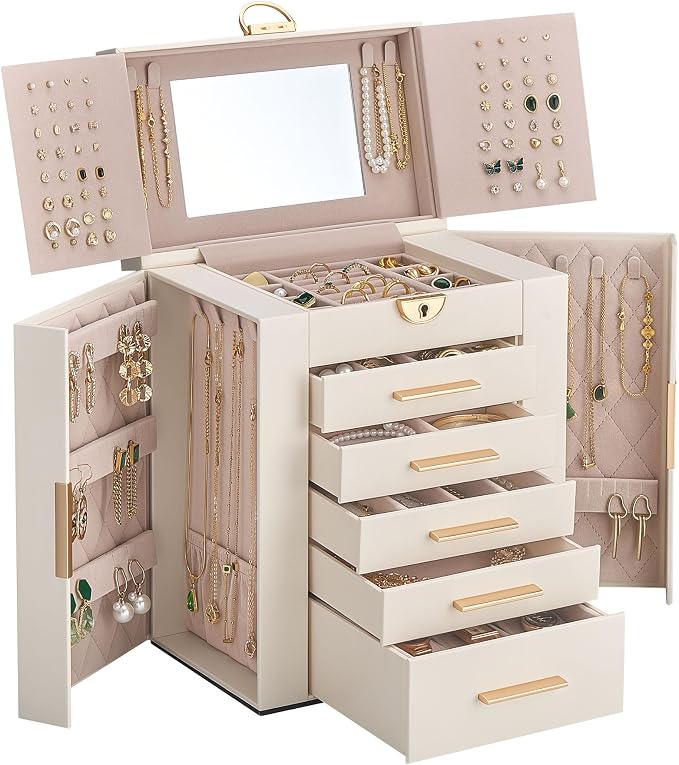 Lolalet Large Jewelry Box Organizer for Women, 6-Layer Jewelry Organizers and Storage Case with Mirror & 5 Drawers, Lockable Watch Ring Earring Bracelet Necklace Holder Girls Gift -6Layer, Beige