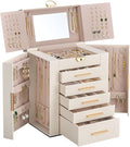 Lolalet Large Jewelry Box Organizer for Women, 6-Layer Jewelry Organizers and Storage Case with Mirror & 5 Drawers, Lockable Watch Ring Earring Bracelet Necklace Holder Girls Gift -6Layer, Beige
