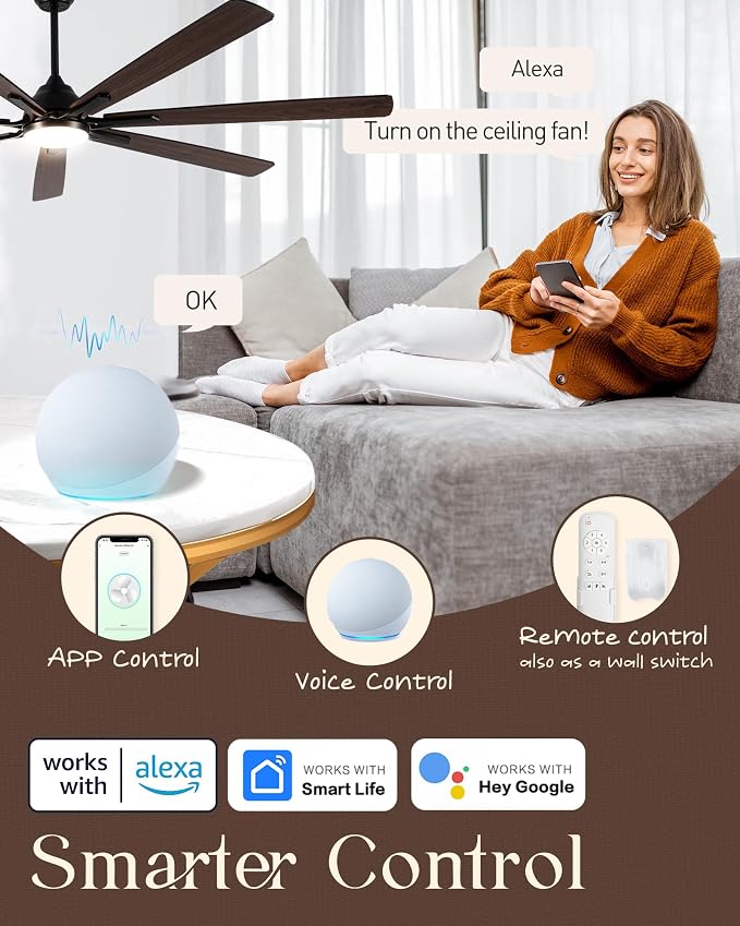 Minislak 72" Large Smart Ceiling Fan with Light Remote Control via WiFi Alexa,6-Speeds Quiet DC Motor,Dimmable,Indoor Outdoor Black Ceiling Fan for Living Room,Patio,Dual Finish 7 Blades
