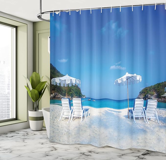 Ambesonne Seaside Shower Curtain, Seaside Hills Sandy Beach with Chairs Umbrellas Facing The Sea Image, Cloth Fabric Bathroom Decor Set with Hooks, 69" W x 70" L, White and Blue