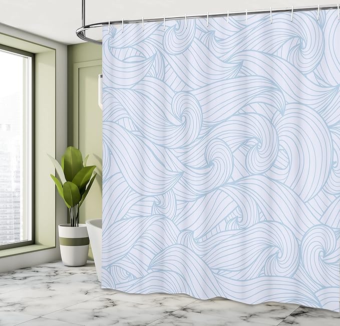 Ambesonne Ocean Shower Curtain, Abstract Pattern Waves and Cloud Fashion Modern Style Work of Art, Cloth Fabric Bathroom Decor Set with Hooks, 69" W x 75" L, Pale Blue