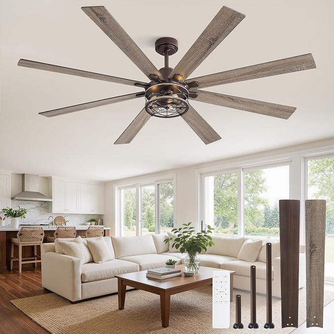 72 Inch Ceiling Fans with Lights, Farmhouse Ceiling Fan with Lights and Remote, Dual Finish 8 Blades Black Caged Rustic Ceiling Fans with 6 Speed Reversible Motor for Indoor/Covered Outdoor