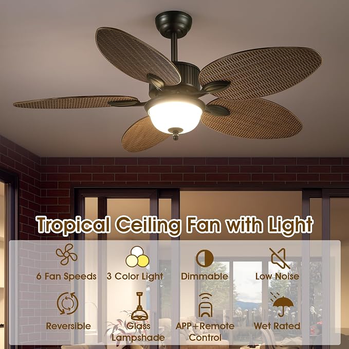 Wiviniya 50 Inch Tropical Ceiling Fans with Lights, Palm Leaf Waterproof Outdoor Ceiling Fan for Patios Porch, Remote/APP Control, Wet Rated, Glass Lampshade, Quiet DC Motor, Dimmable LED, Wood Grain