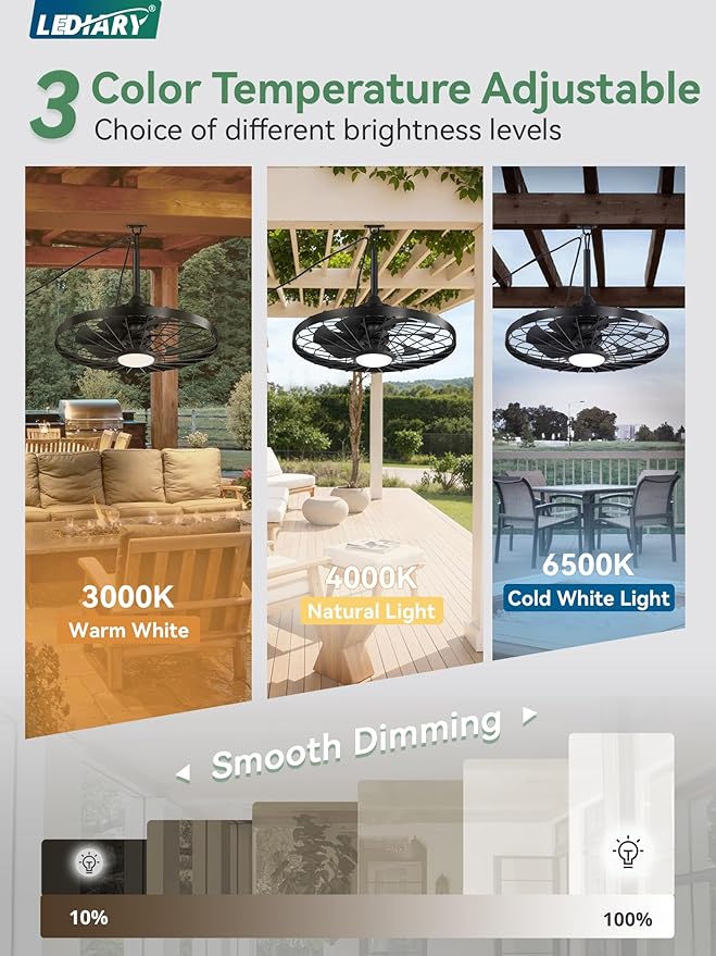LEDIARY 24" Outdoor Ceiling Fan with Lights,IP65 Waterproof Gazebo Hanging Fan with Remote Control Smart App, Plug in Caged Ceiling Fan with 3CCT 6-Speeds for Patio Porch Pergola(Black)