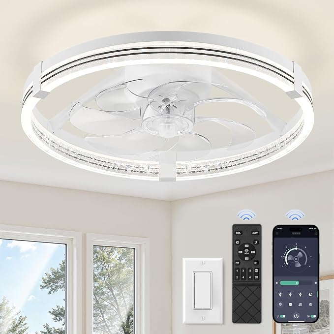 ZMISHIBO Ceiling Fan with Light and remote, 20'' Low Profile Ceiling Fans | Flush Mount Modern Ceiling Fan and Remote Control, 3000K-7000K Dimmable, Modern Fandelier for Bedroom, Living Room