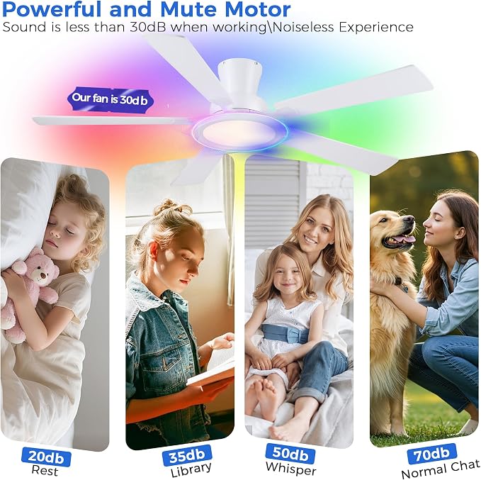 Ayaoty Ceiling Fans with Lights - 52in Flush Mount Ceiling Fan with RGB Dimmable, 3CCT 6 Wind Speeds and Reversible Quiet Motor, Low Profile RGB Fan Light for Modern Indoor, Party - White