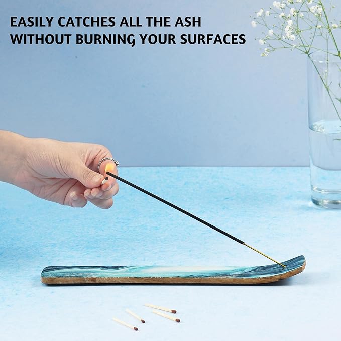 Folkulture Set of 2 Incense Holder or Incense Burner for Insence Sticks, Insence Burner Holder for Home Decor or Ash Catcher, Inscent Tray or Insense Stick Holders, Mango Wood, Blue and Green Agate