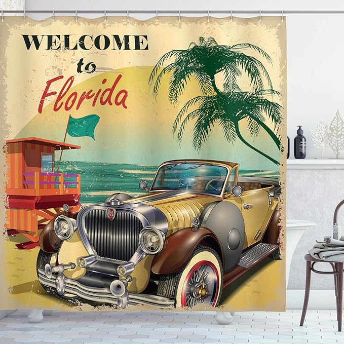 Ambesonne Florida Shower Curtain, Old Beach Picture with Vintage American Car a Visit to Touristic Coastal State, Cloth Fabric Bathroom Decor Set with Hooks, 69" W x 75" L, Beige Multicolor