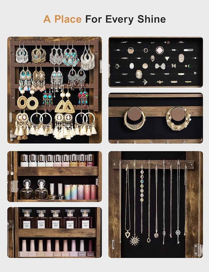 Nicetree Jewelry Cabinet Armoire with 2 Drawers, Lockable Standing Jewelry Mirror Cabinet, Full Length Mirror with Jewelry Storage, Rustic Brown
