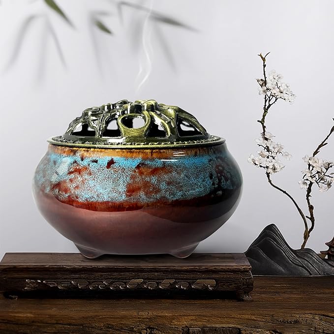 Ceramic Incense Burner, Bowl Burner,Cone Incense Burner with Brass lid for use with Stick or Cone-Shaped Incense，Lotus Incense Stick Holder Calabash Incense Stick Holder, 3pc (Fambe Blue)