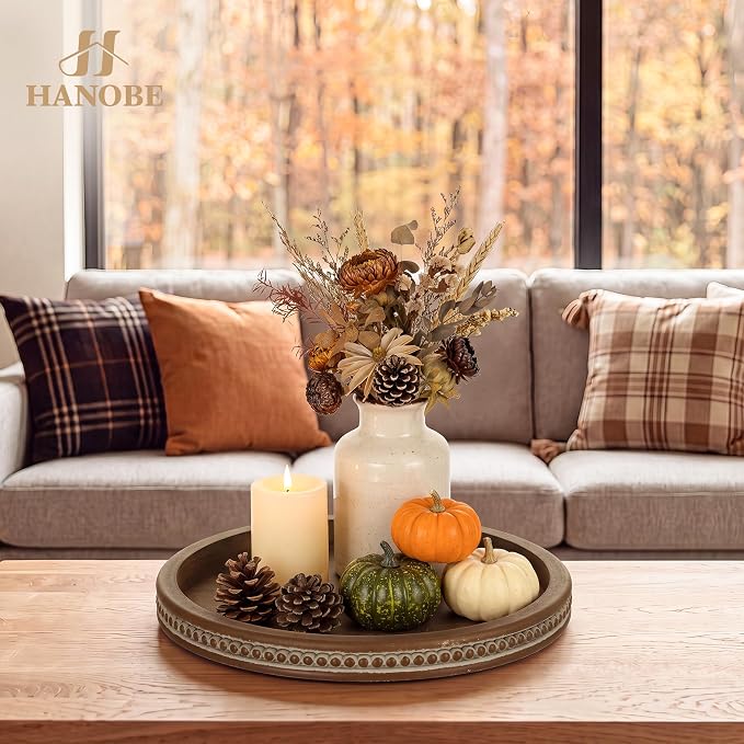 Hanobe Round Wooden Tray Decor: Decorative Candle Plate Holder | 11.8-inch tray for coffee table, rustic table centerpiece for home living room kitchen counter, brown