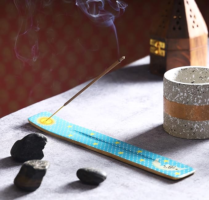 Bless-International Traditional-Handmade-Burner Wooden-Incense-Stick-Holder Ash-Catcher-Stand for-Aromatherapy-Meditation-Yoga (Moon & Stars) 10 Inches, Pack of 2